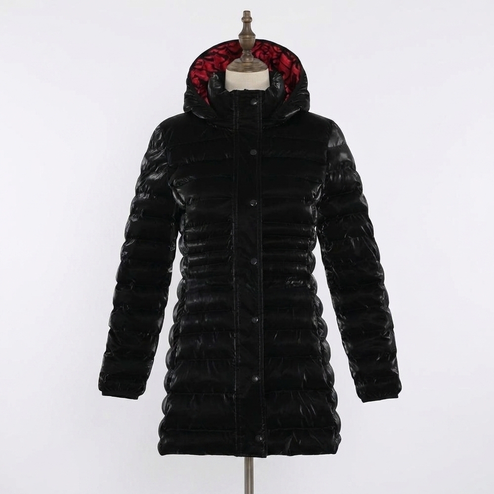 NEW DOLCEZZA women's puffer jacket with detachable hood in black with red lining
